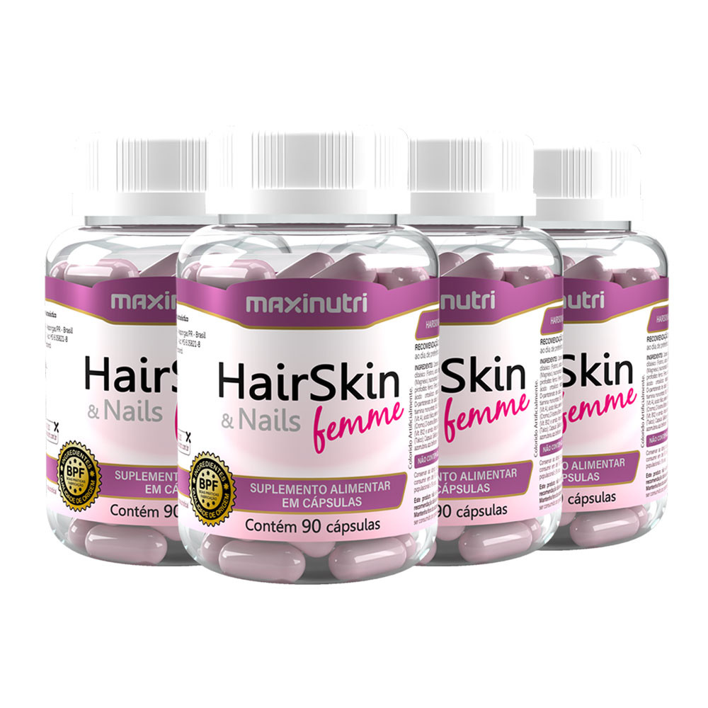 Kit 4 HairSkin Nails Femme Cabelos Pele e Unhas 90 Cáps Maxinutri