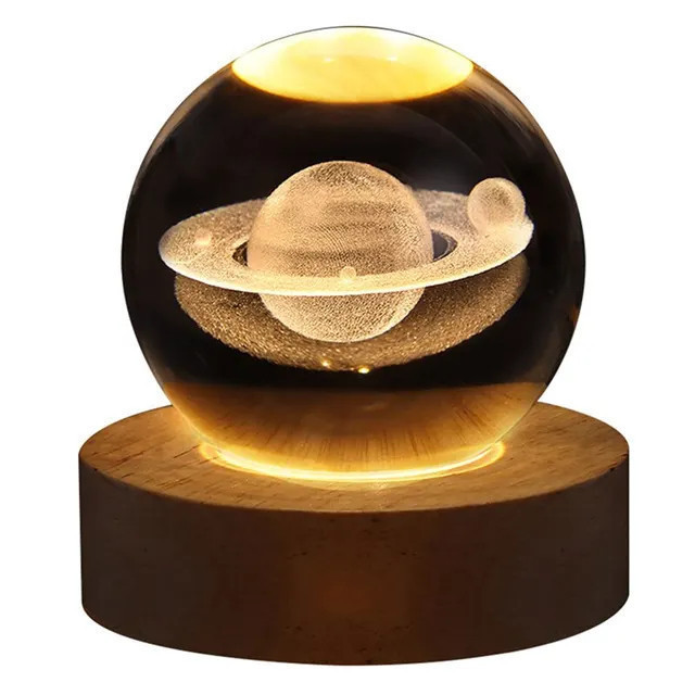 Luminária Decorativa Bola de Cristal Led Mesa Globo Vidro 3d Base Madeira Decoração Abajur Presente Enfeite Lua