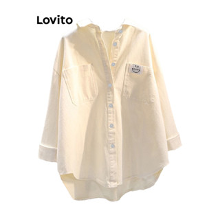 (Trendy) Lovito Blusa Casual Com Botão Liso E Bolso Frontal Para Mulheres Lna29005 (Branco/Rosa/Azul) em Oferta na Shopee