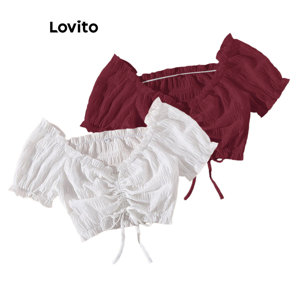 Lovito Blusa Casual Lisa Com Renda Franzida E Acabamento Em Alface Para Mulheres L88AD068 (Multicolorido) - Women Clothes