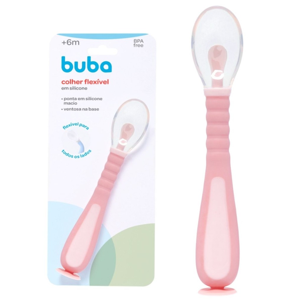 Colher Infantil Em Silicone Flexível Com Ventosa Rosa 18078 - Buba - Mom & Baby