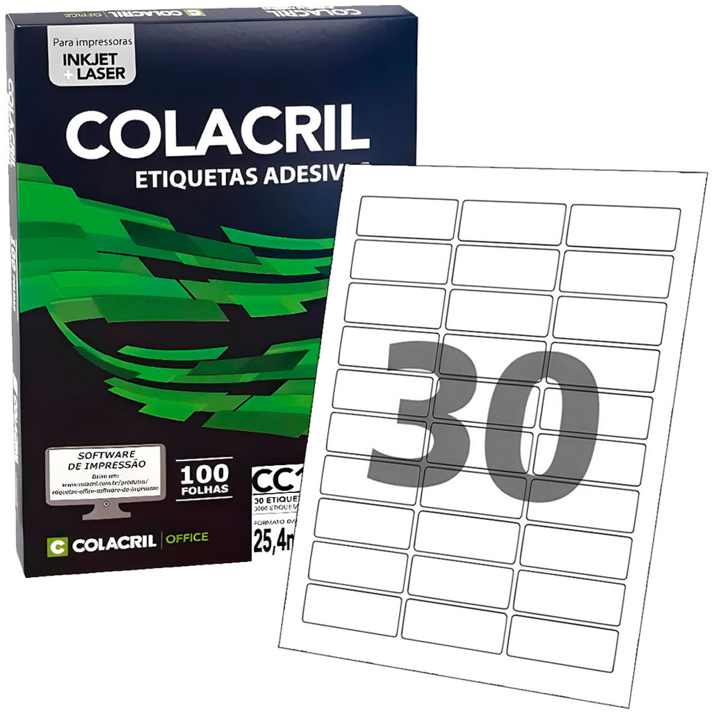 Etiqueta Impressora Carta 25,4x66,7mm 100 Folhas Impressora Cc180 Colacril Inkjet Laser