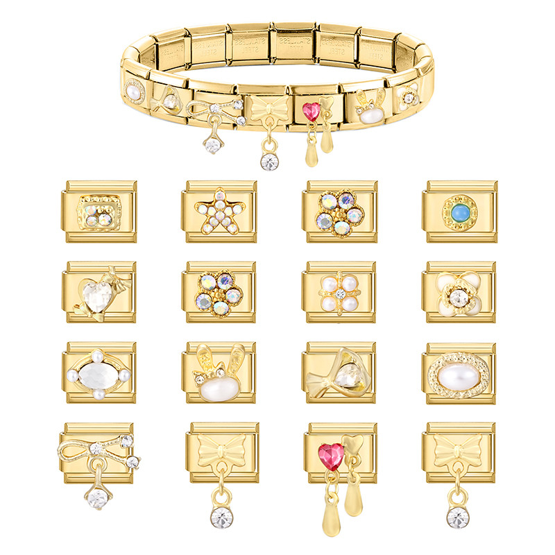 Pulseira Modular Italiana Incrustada Com Strass Dourado , Amuletos Para Fazer Você Mesmo , Links De Aço De 9 Mm em Oferta na Shopee