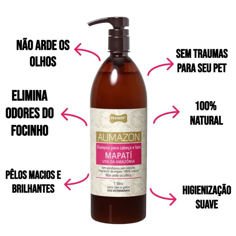 Shampoo Aumazon Cabeça e Face Mapati Perigot 1 Litro Cães e Gatos Não Arde Olhos