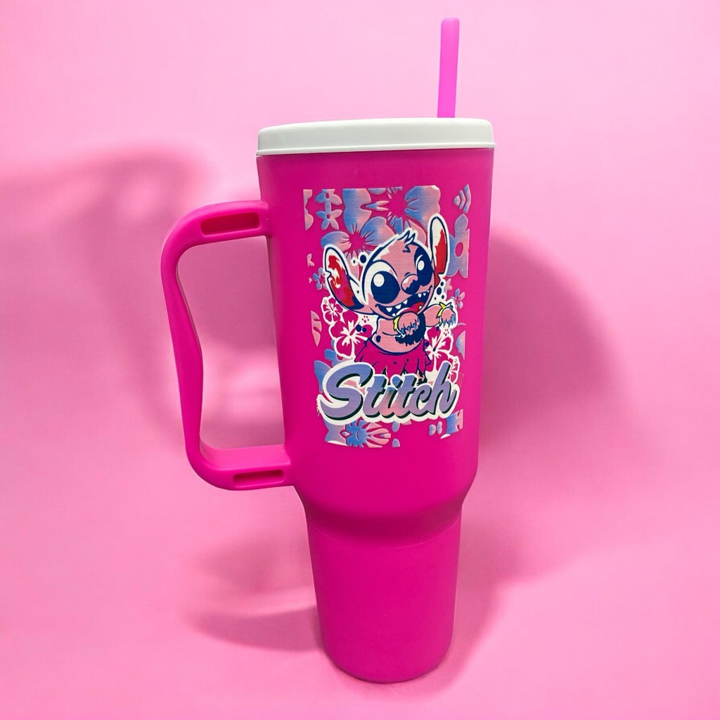 Copo com Canudo Stitch 
Personalizado 1200ml Em Policarbonato + Brinde