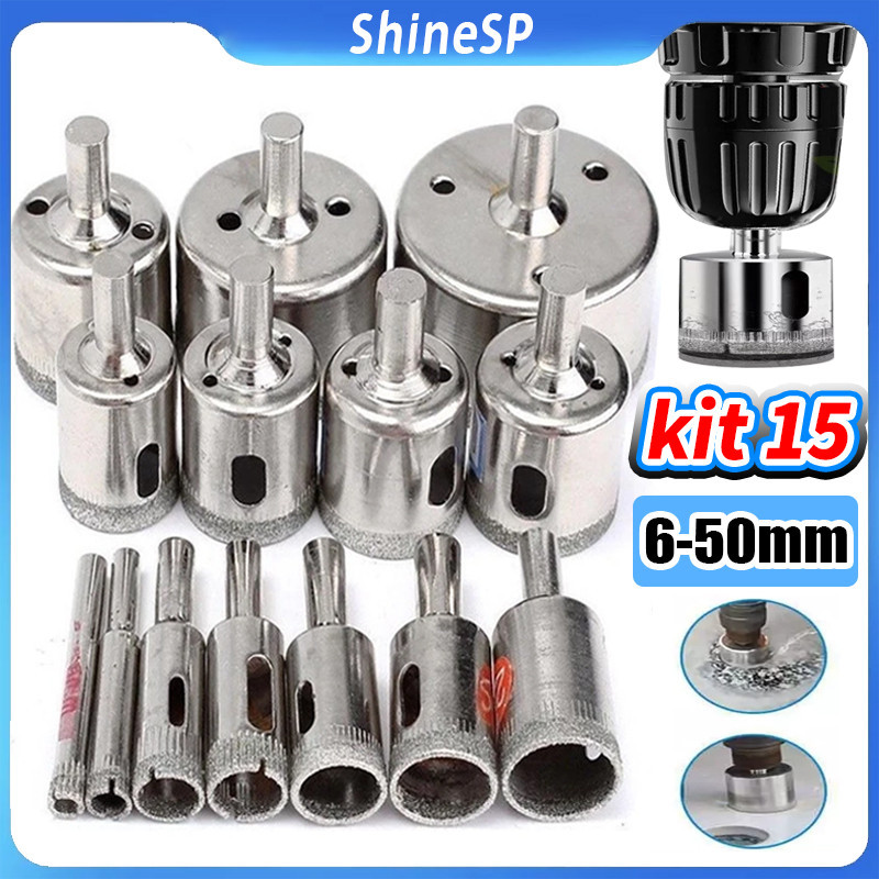 Kit 15 Pcs Brocas Copo Diamantadas Vidro Ceramica 6-50mm Serras  Alta qualidade em Oferta na Shopee