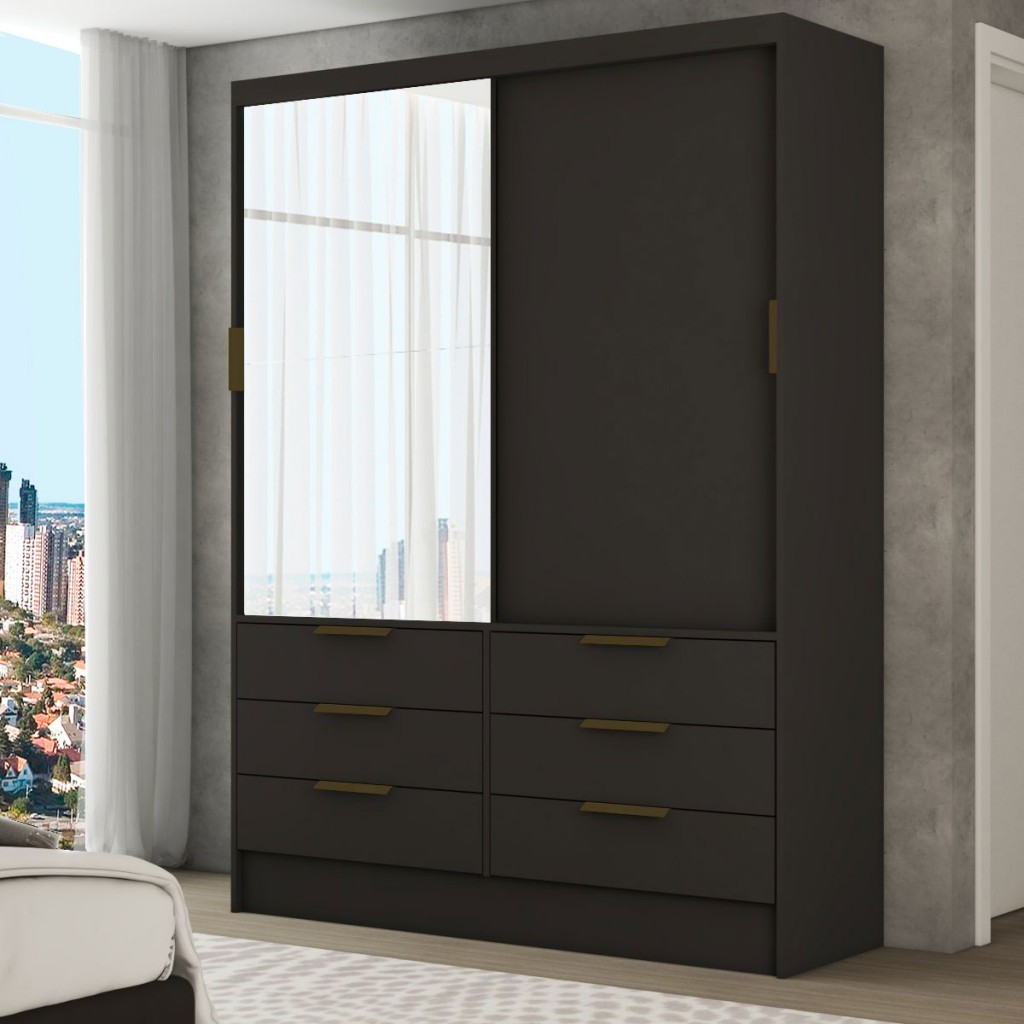 Guarda-Roupa Solteiro Taylor 2 Portas de Correr 6 Gavetas com Espelho Preto - Panorama Móveis - Home & Living