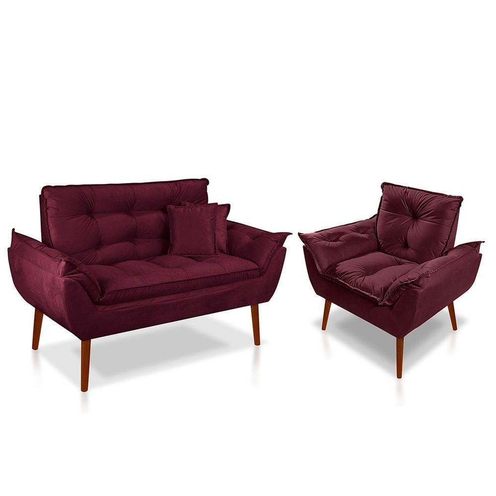 Kit 01 Poltrona Opala + 01 Namoradeira Opala + 02 Almofadas Suede Bordô