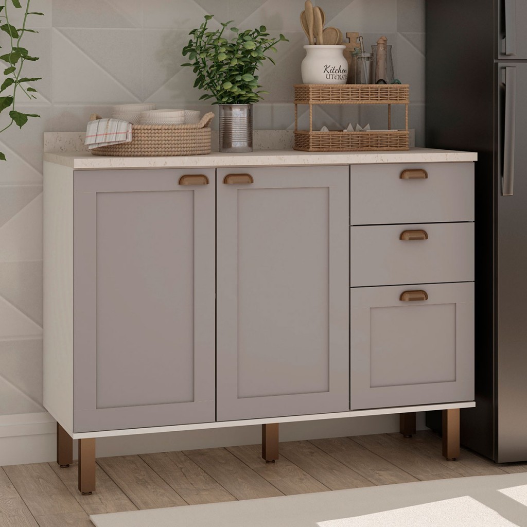 Balcão de Cozinha 120cm Iluminata 100% Mdf 2 Portas 3 Gavetas Branco/Fendi - Genialflex em Oferta na Shopee