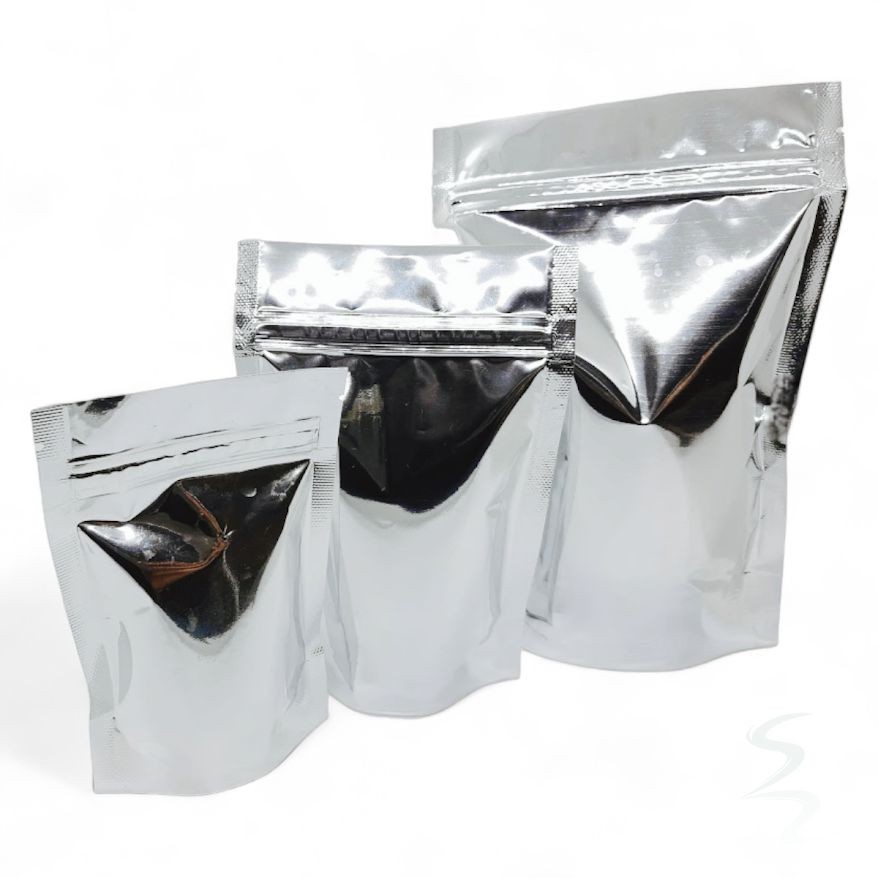 Kit 500 Sacos Laminados Metalizados Prata Stand Up Pouch 500 ml (14x19 cm) com Fecho Zip - Ideal para Alimentos