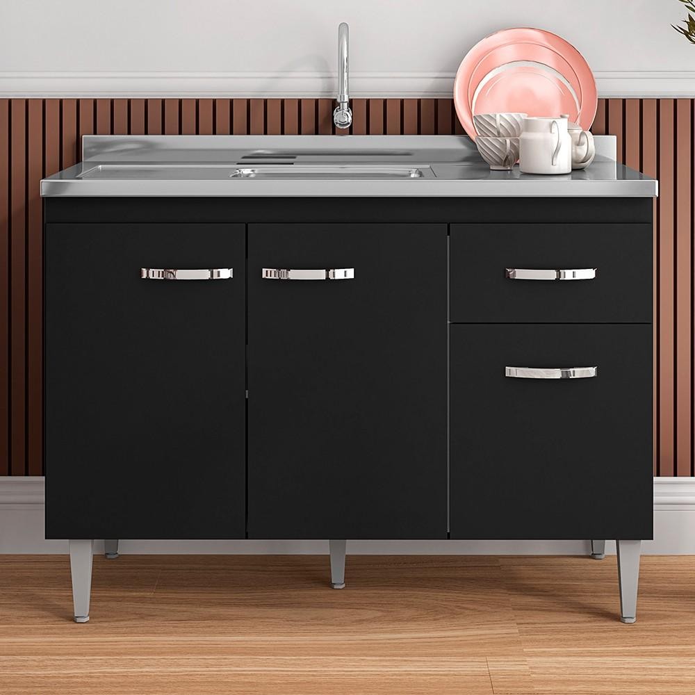 Balcão Gabinete Com Pia Inox 120cm 3 Portas e 1 Gaveta Gabriela Preto - AJL Móveis em Oferta na Shopee