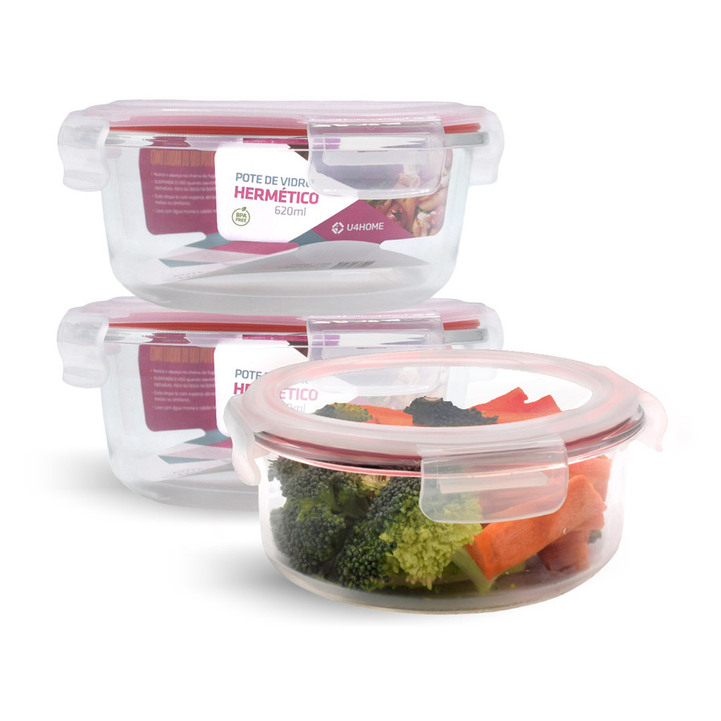 Kit 3 Potes Hermético Vidro Redondo Médio Salada Fit 620ml em Oferta na Shopee
