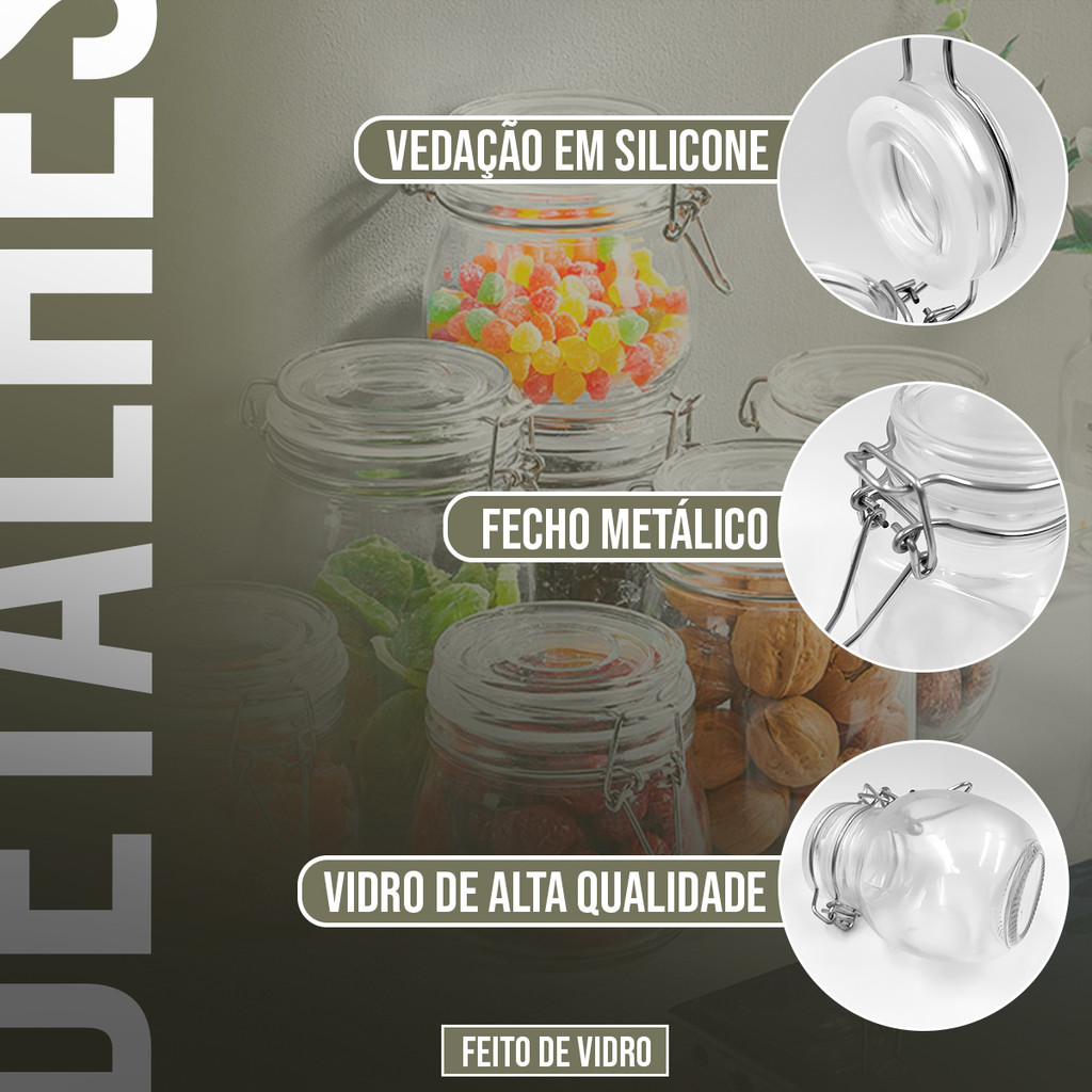 Detalhes do Kit 12 Pote Tempero vidro redondo tampa Hermético 100Ml 8cm potiche conserva