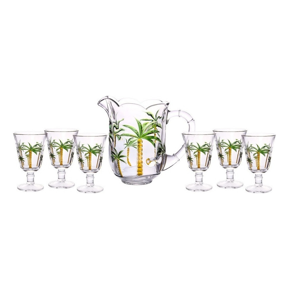 1 Jarra E 6 Taças Lyor Palm Hand Painting De Cristal 1,3l