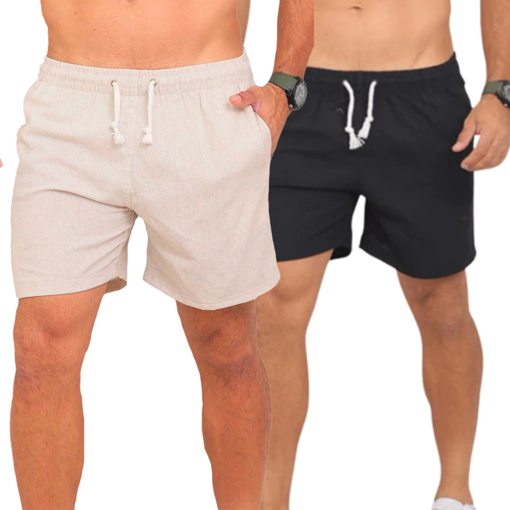 Kit 2 Shorts de Linho Masculino Preto e Bege Bermuda Mauricinho Casual Básica