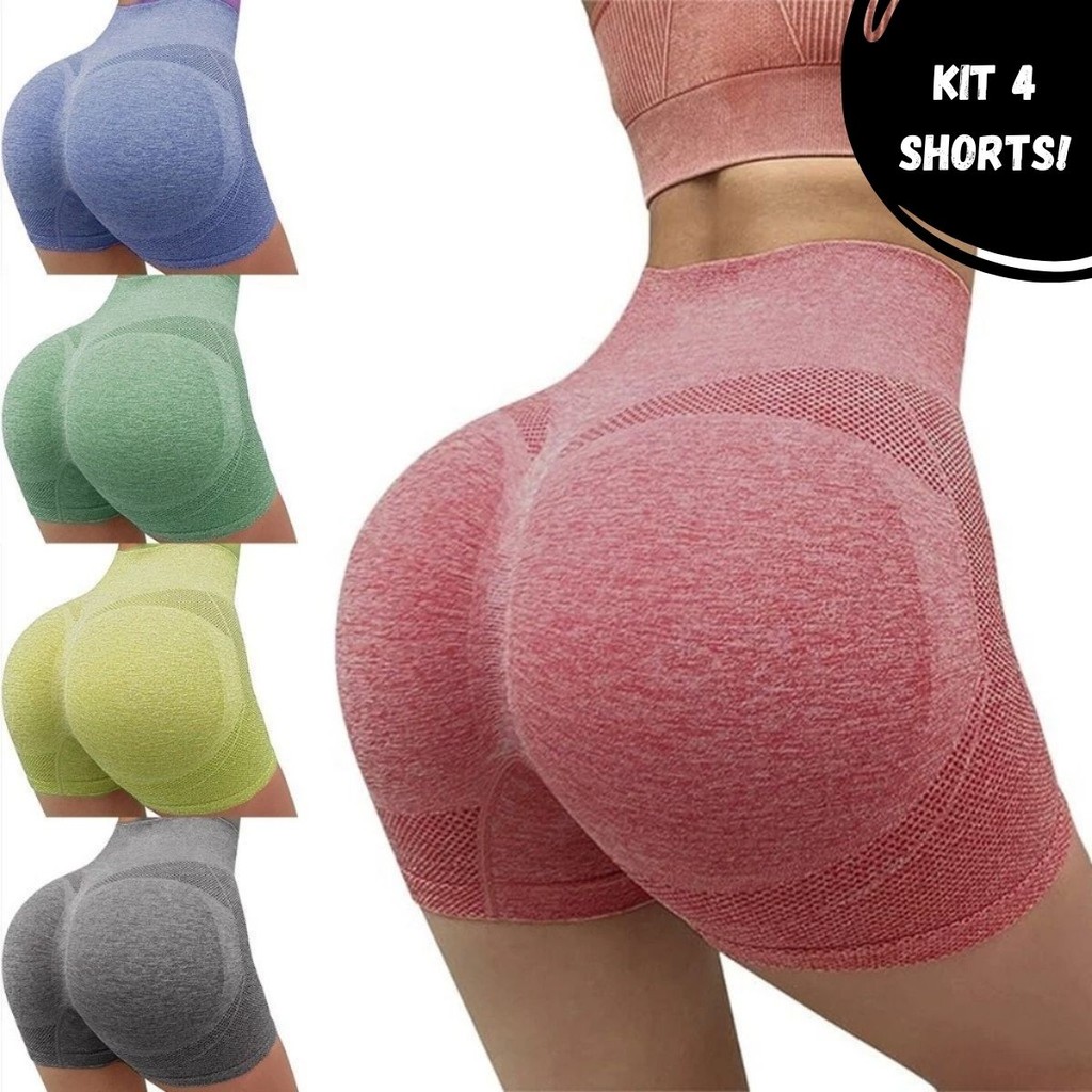 Short de Academia Feminino Kit 2 ou 4 Pecas Cintura Alta Sem Costura Levanta Bumbum Nao Fica Transparente P ao G