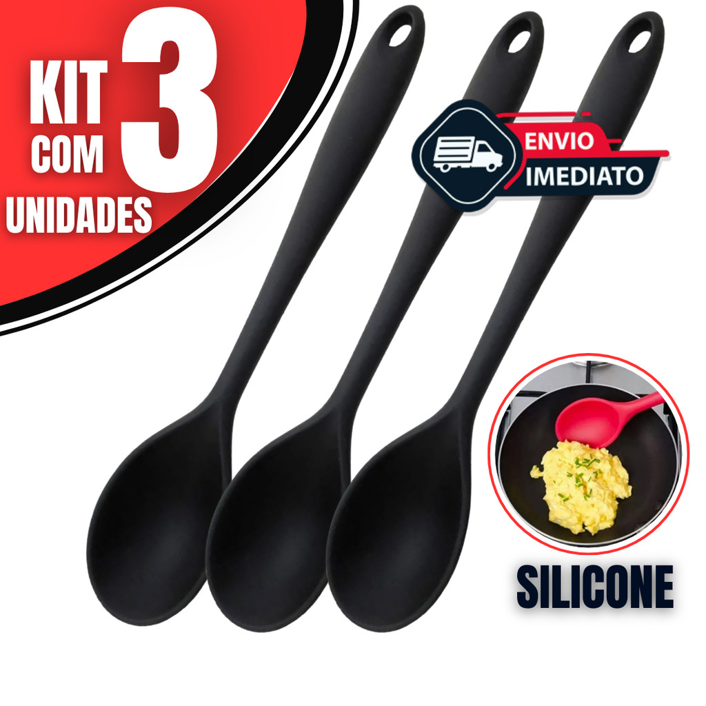KIT 3 Colher de Silicone Antiaderente Resistente para Cozinha e Panelas em Oferta na Shopee