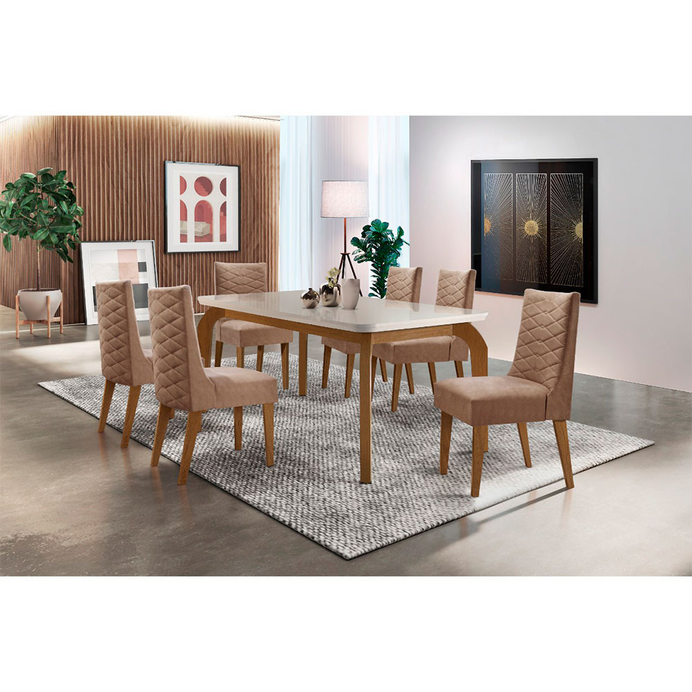 Sala De Jantar Liz 180 Tampo MDF Canto Reto Com 6 Cadeiras Safira Rufato em Oferta na Shopee