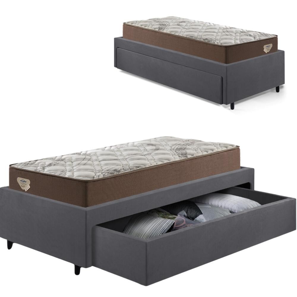 Cama Box Solteiro com Gaveta 88x188 cm Revestida em Suede Cinza com Colchão Relax Adorabile Ecoflex