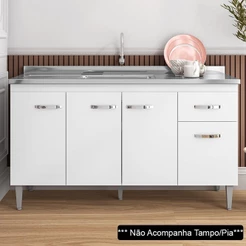 Balcão Gabinete Para Pia Sem Tampo 150cm 4 Portas e 1 Gaveta Flex Gabriela Branco/Preto - AJL Móveis
