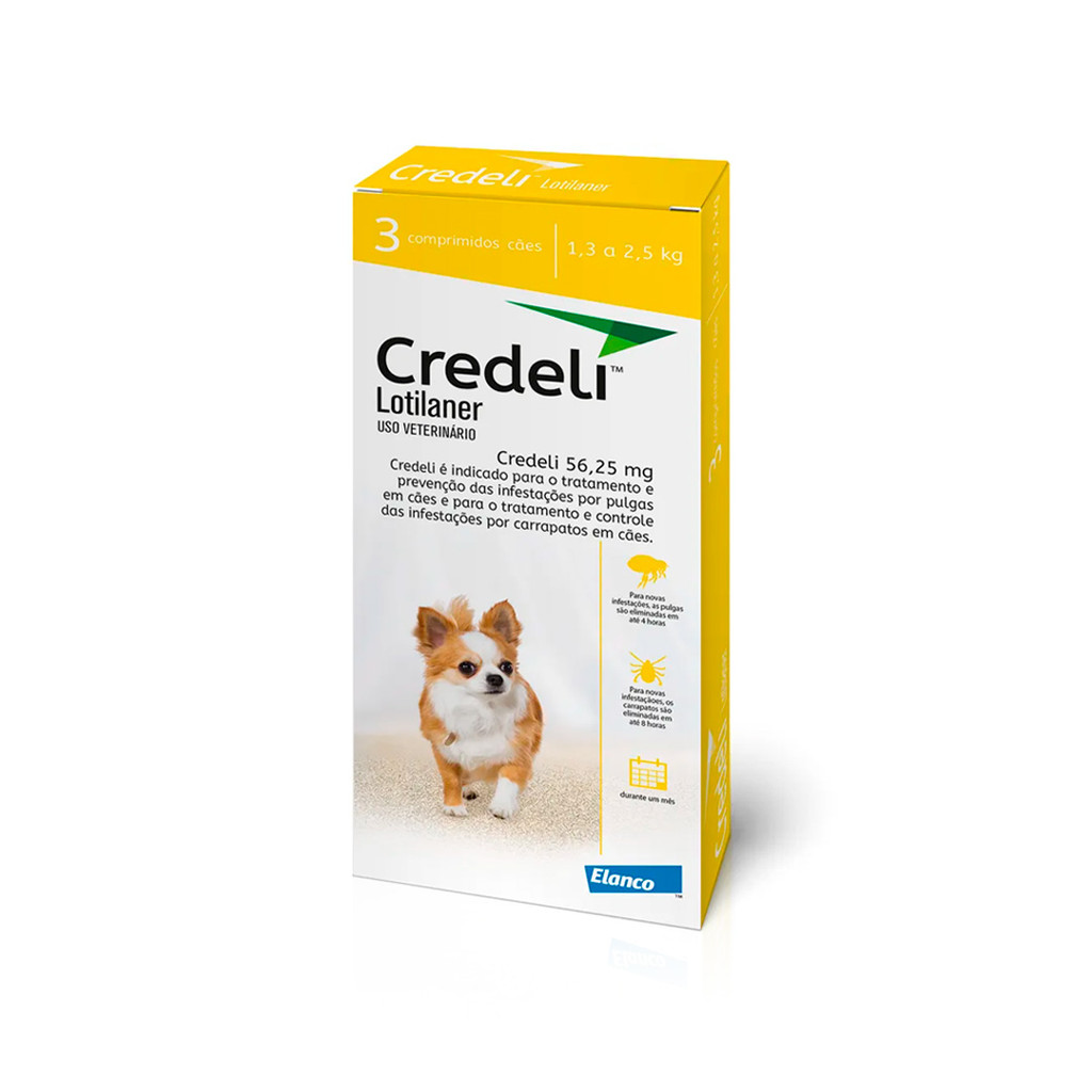 Credeli 56,25mg (Caes de 1,3 a 2,5Kg) Antipulgas e Carrapatos Elanco 3 comprimido em Oferta na Shopee