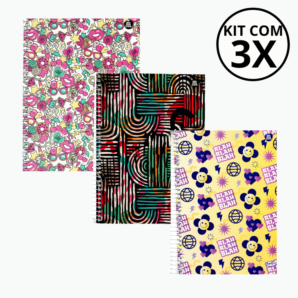 Kit Com 03 Cadernos 10 Materias Feminino 160Fls - ANIMATIVA em Oferta na Shopee