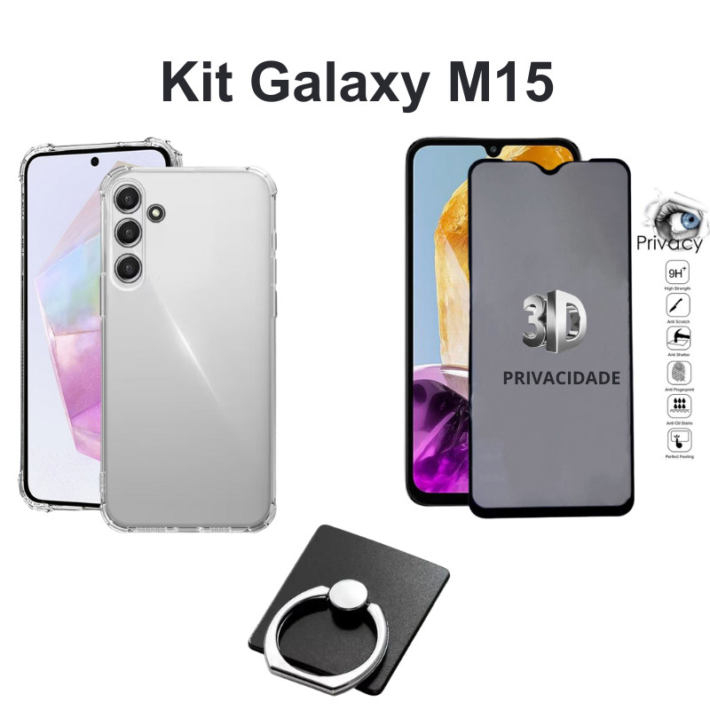 Kit Capa Transparente + Película 3D de Vidro Privacidade + Suporte de Anel para Samsung Galaxy M15