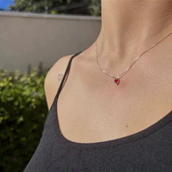 Colar Cordão Ponto de Luz Vermelho Coração em Banho de Prata 925