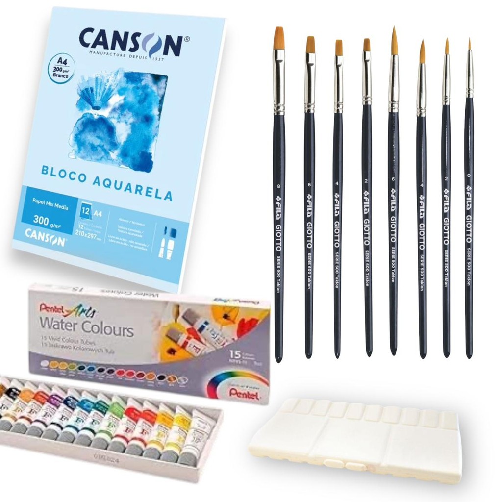 Kit Aquarela Pentel  Pincel  Bloco CANSON Papel e Gode TAMPA
