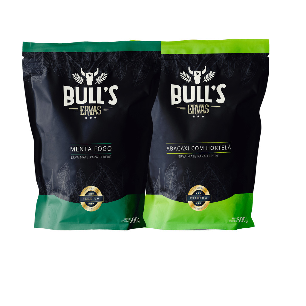 Kit 2 Ervas para Tereré Bull's 500g – Sabores Menta Fogo e Abacaxi com Hortelã – Erva Mate Premium de Alta Qualidade