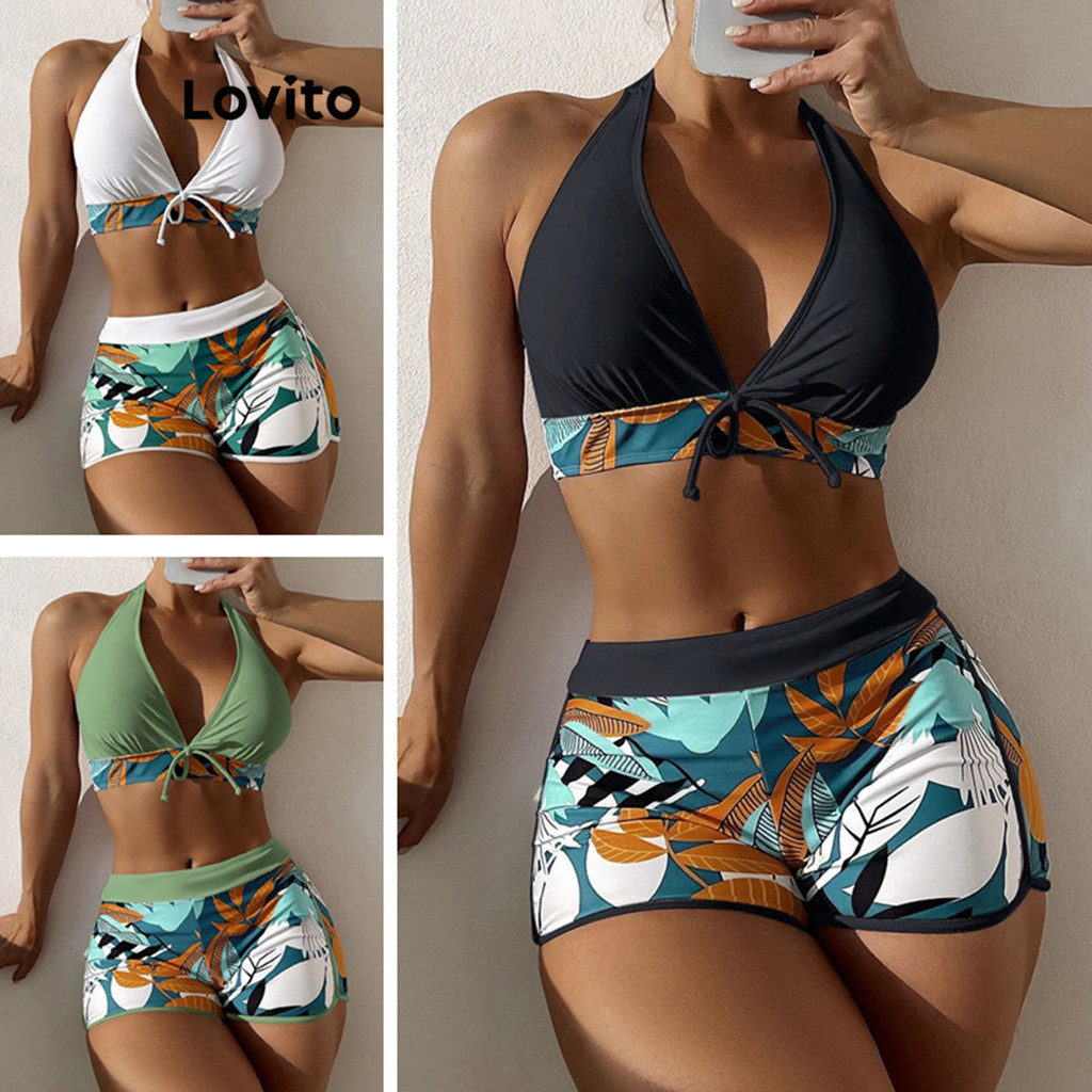 Lovito Conjuntos De Biquíni Sexy Plantas Arco Conjuntos De Biquíni De Verão Para Mulheres LNL36108 (Branco/Verde/Preto) - Sports & Outdoors