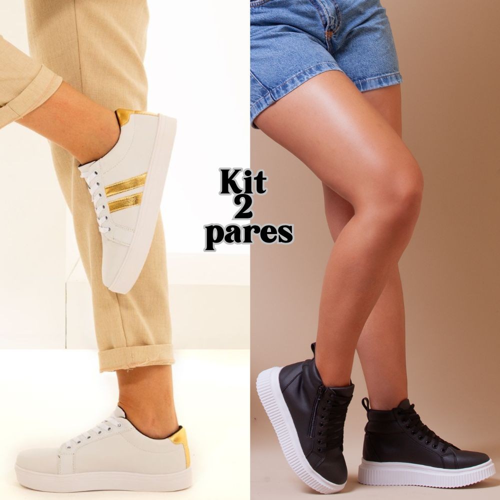 Kit Tenis Feminino Conforto duplo com 2 pares de calçados femininos. Bota Preta e Tenis Branco Dourado.