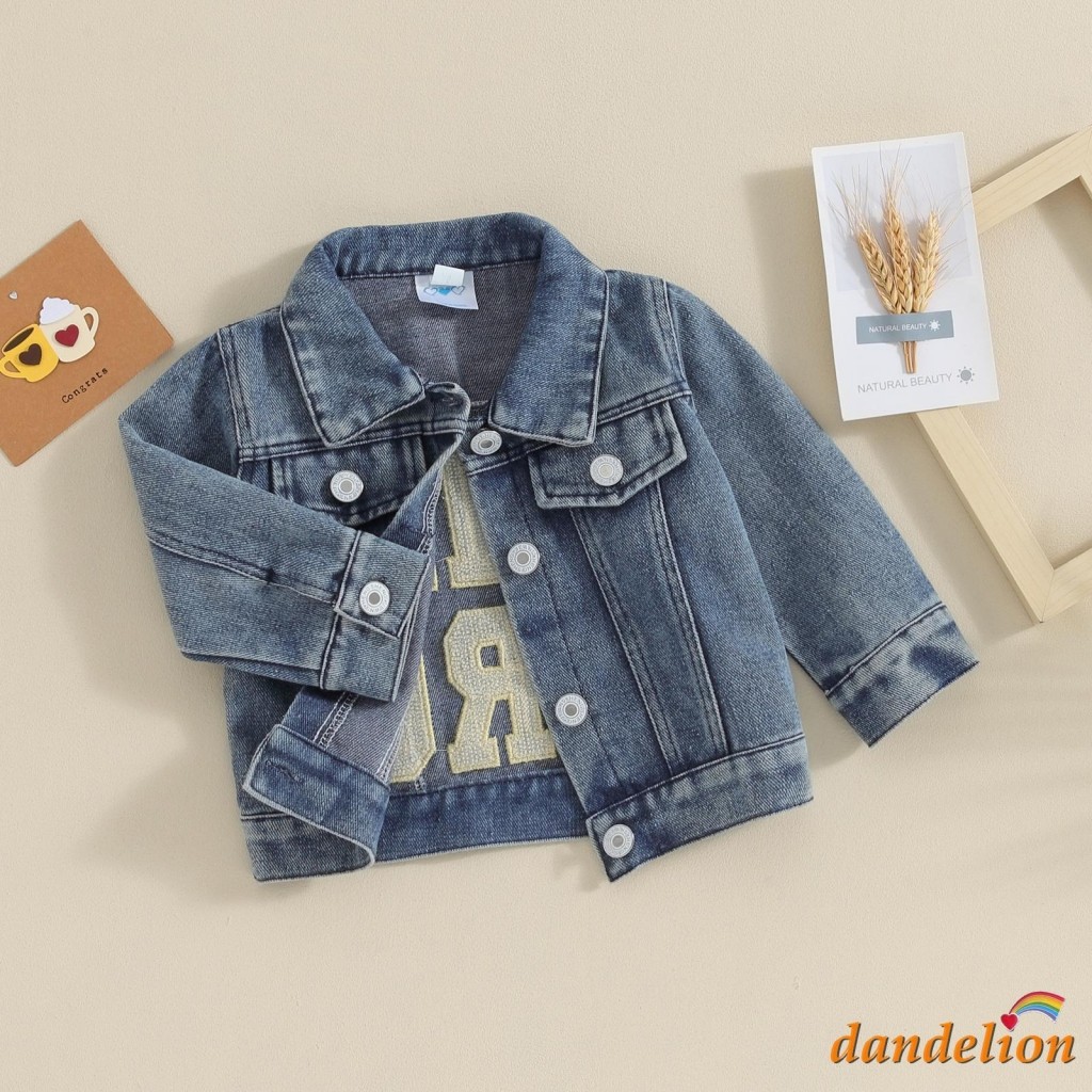 Bebê Meninos Jaqueta Jeans Volta Carta Bordado Infantil Botão-Para Baixo Gola Virada Casaco Da Criança Outerwear em Oferta na Shopee