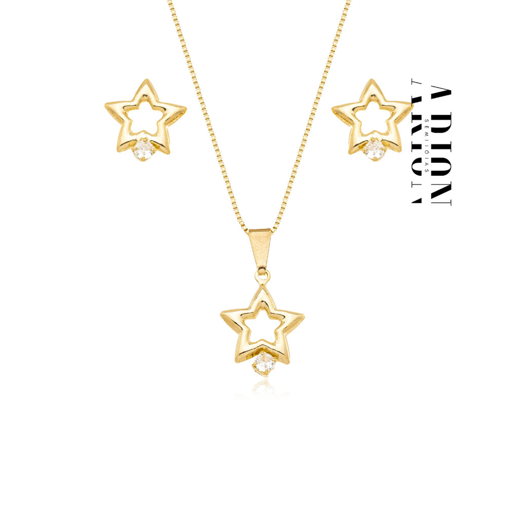 Colar e Brinco de Semijoia Feminina Estrela Vazada com Zircônia - Banho de Ouro 18K