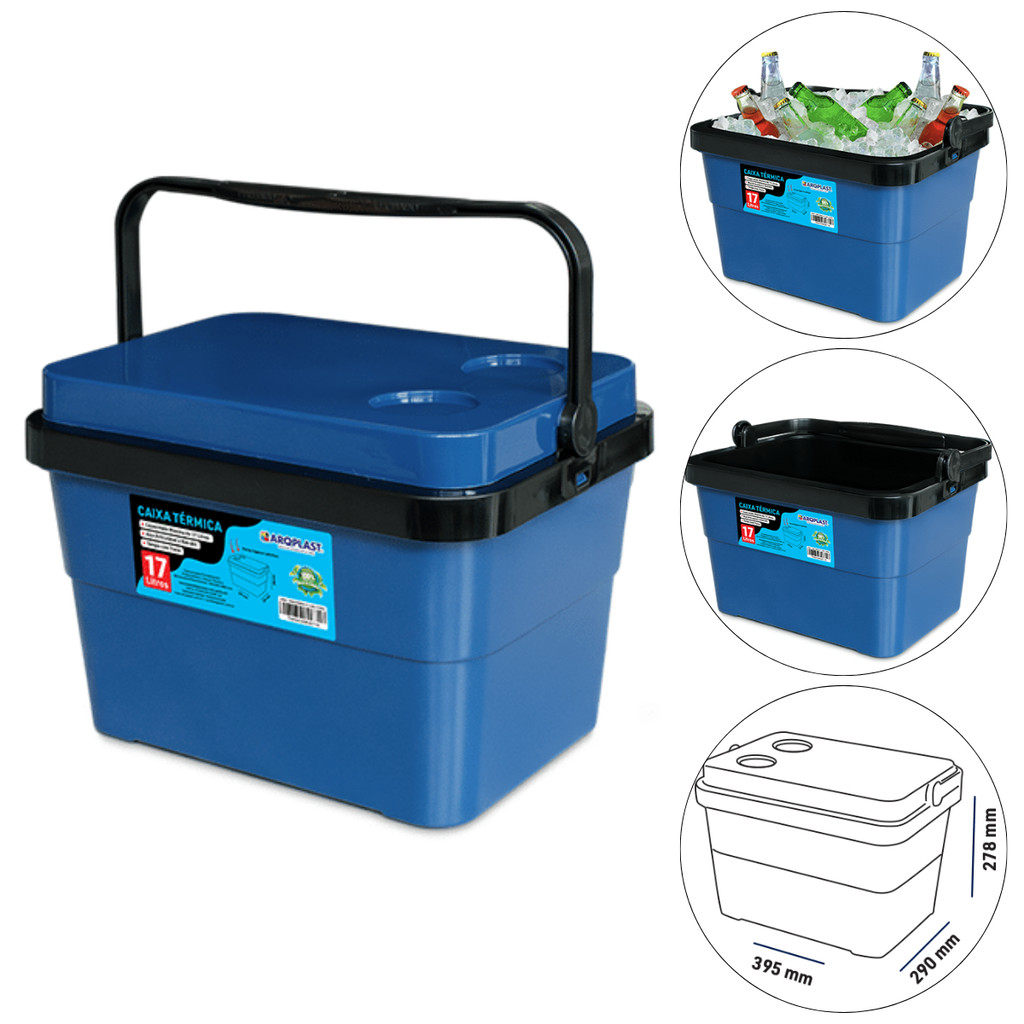 Cooler Caixa Térmica 17 Litros Com Trava e Alça Reforçada Porta Copos Cor Azul