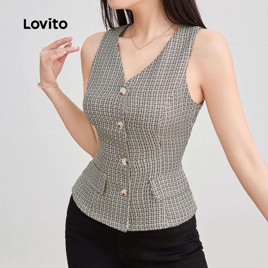 Detalhes do Lovito Regata Casual Com Botão Guingão Frontal Para Mulheres L124AD471