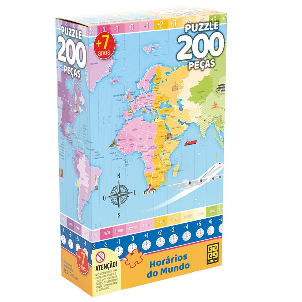 QUEBRA CABEÇA HORÁRIOS DO MUNDO 200 PEÇAS GROW PUZZLE RELÓGIO GEOGRAFIA PAÍSES FUSO MAPA MUNDI PAÍS - Mom & Baby
