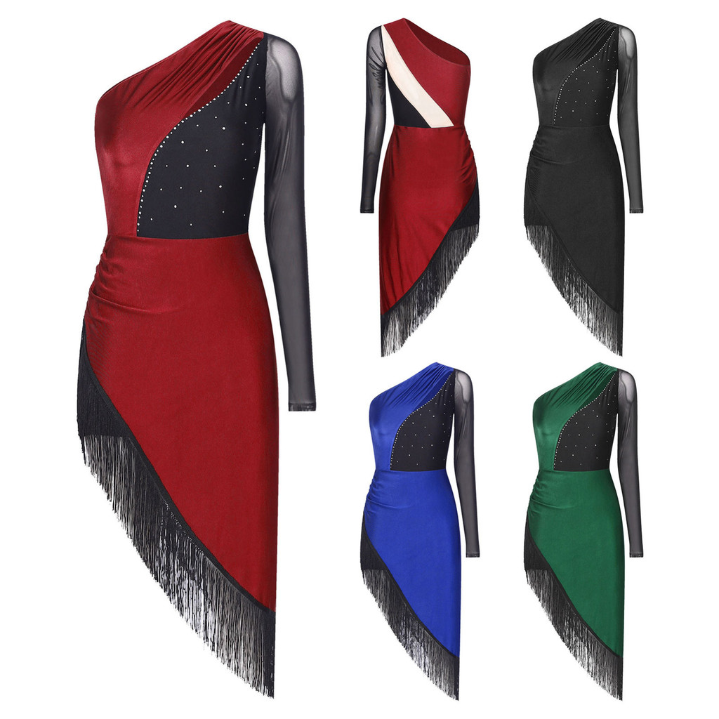 Msemi Vestido Feminino De Dança Latina Com Borla , Salsa Tango , De Salão , Strass Brilhantes , Um Ombro Franja Assimétr
