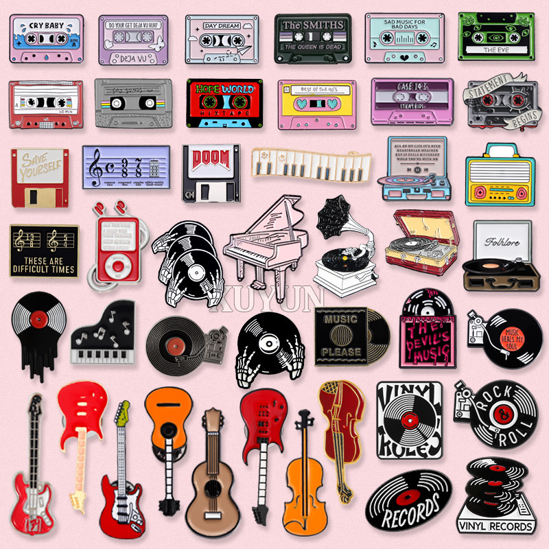 85 Estilos Criativo Instrumento Musical Lapela Broche Guitarra Piano Fita Esmalte Pino Registro Crachá De metal Mochila