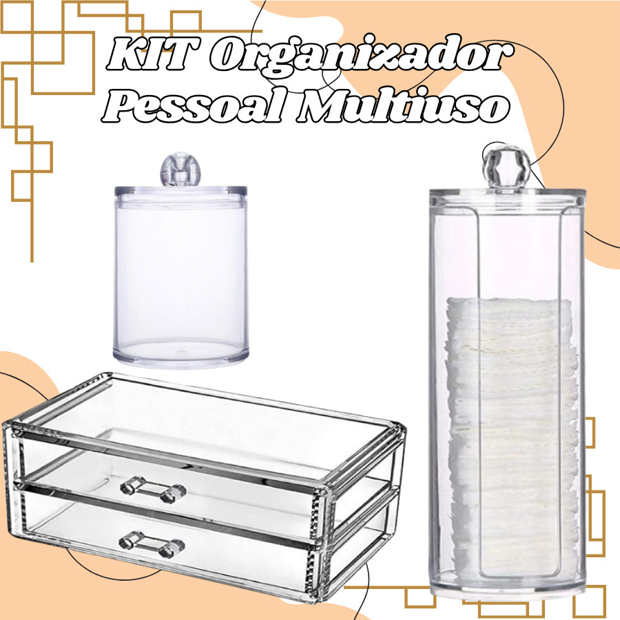 KIT Organizadores Acrílico Porta Algodão Porta Cotonetes E Organizador Pessoal Multiuso De 2 Gavetas