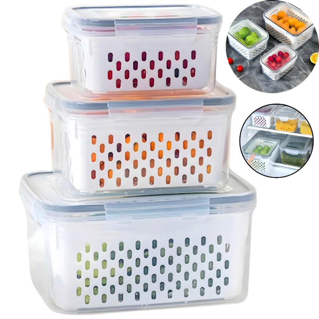 Kit 3 organizador geladeira hermético 5L alimentos vegetais potes para mantimentos escorredor tampa