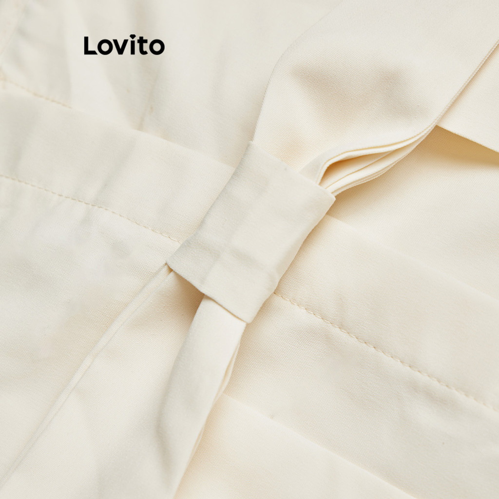 Detalhes do (Trendy) Lovito Vestido casual liso com babados e laço nas costas para mulheres L109MD174