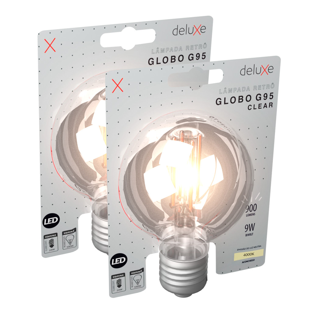 Kit 2 Lampada Led Globo Retro Clear G95 9W 4000k E27 Deluxe