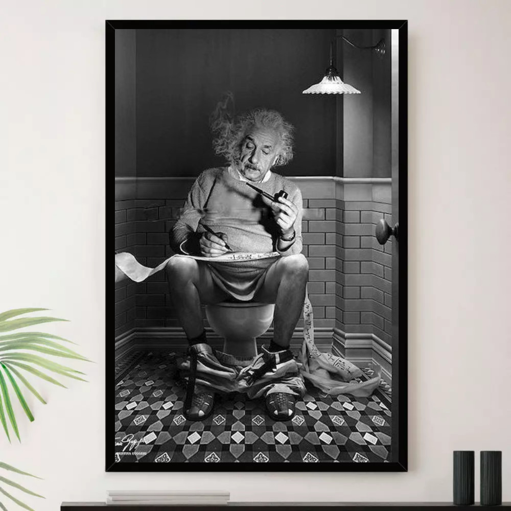 Quadro Einstein Banheiro Jornal Papel Decorativo