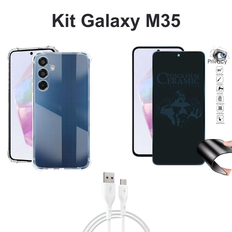 Kit Capa Anti Shock + Película Fosca Privacidade + Cabo USB Tipo C para Samsung 