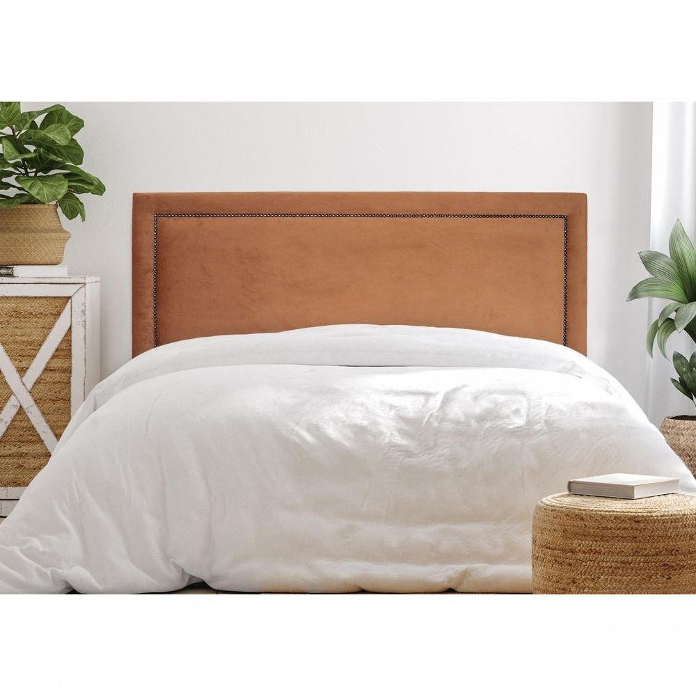 Cabeceira Casal Reta Luxo 140x60 Veludo Terracota - Tachas Fumê - Home & Living