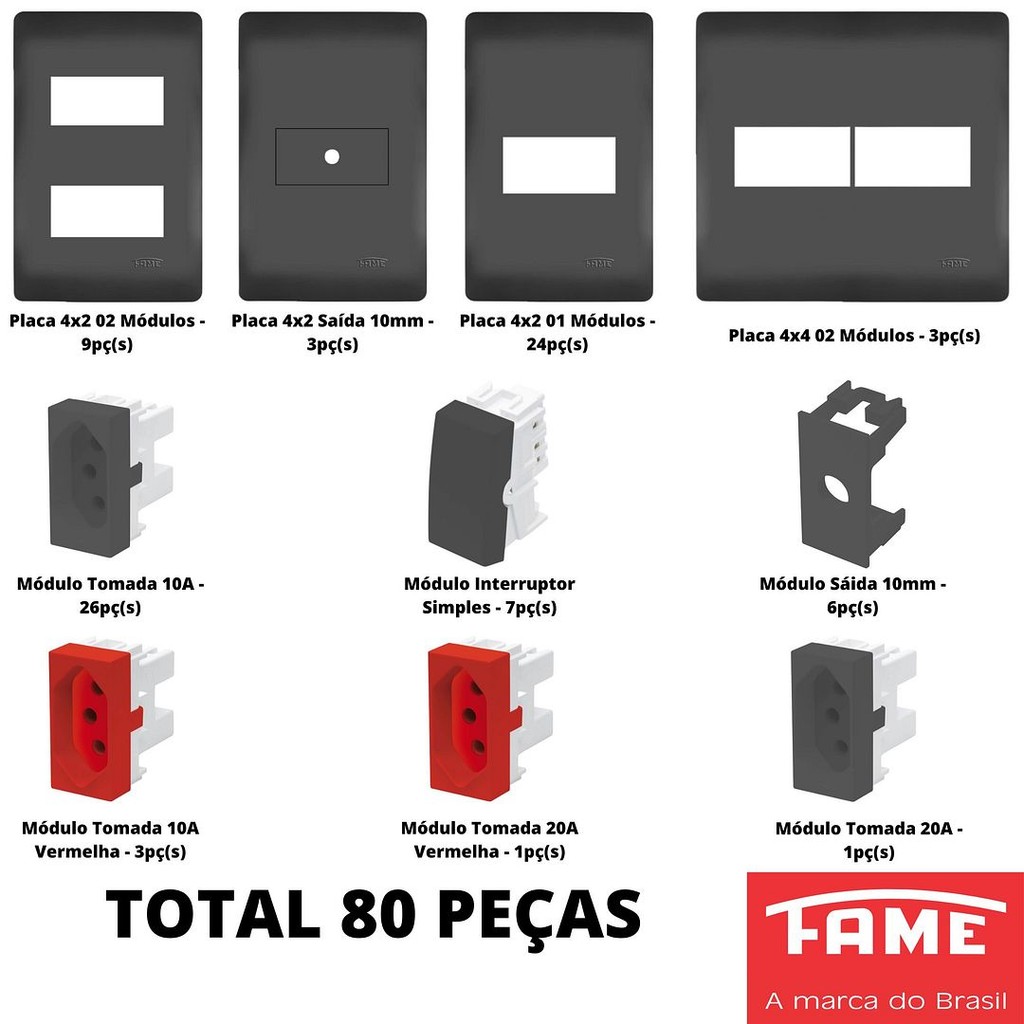 80un Modulo Tomada Interruptor Placa 4x2 4x4 Habitat Black Preto FAME K30