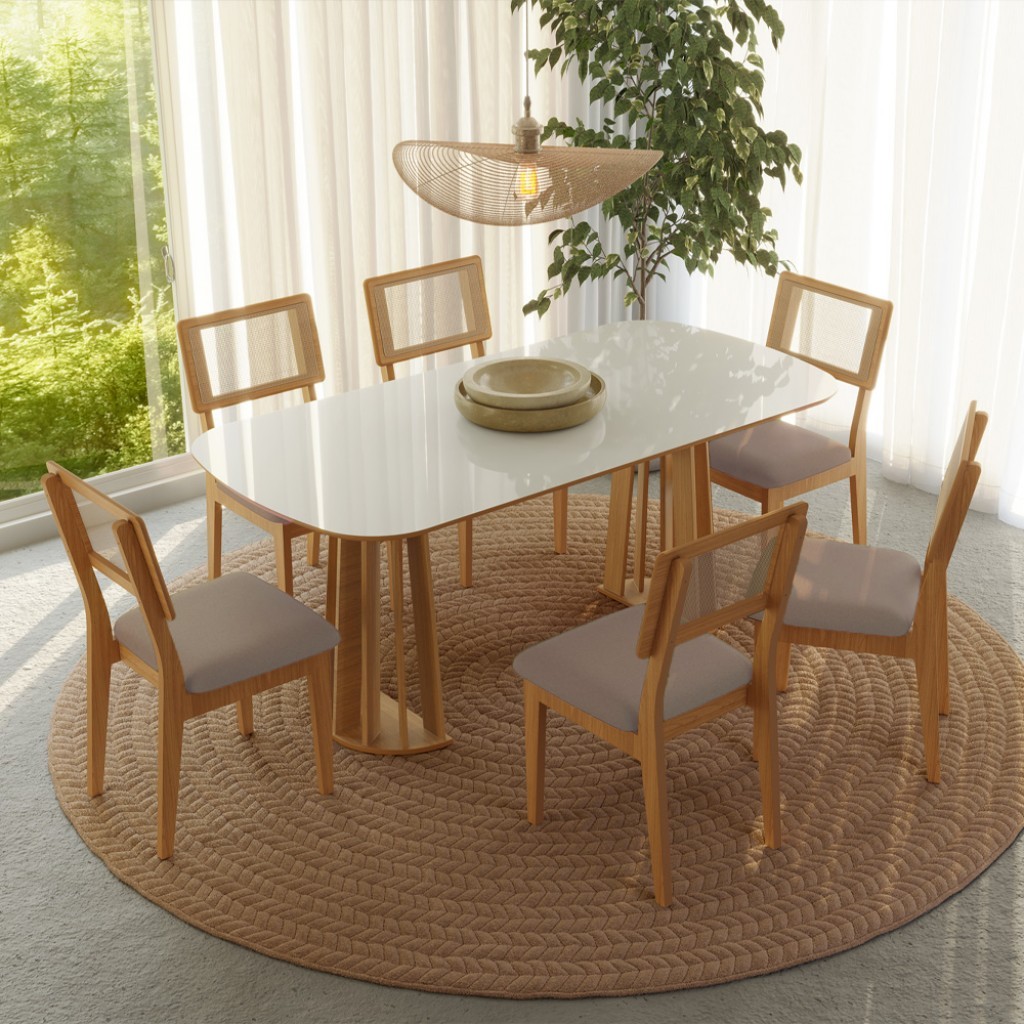 Conjunto Sala de Jantar Mesa Nature com 6 Cadeiras Palha Sintética CA35 - Home & Living