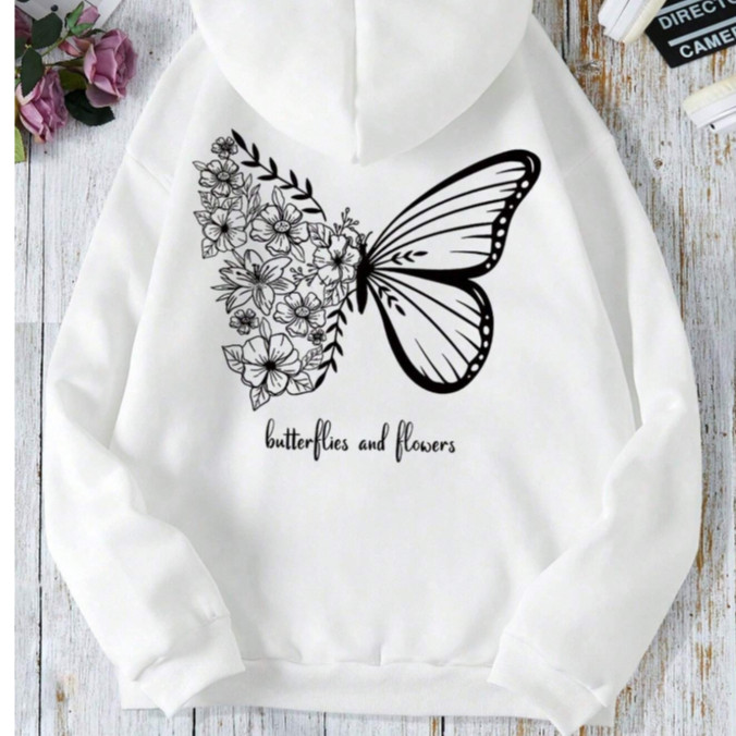 Moletom Canguru Feminino Modelo Flanelado  Estampado Borboleta Flores Minimalista Frase Inverno
