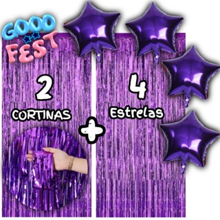 Kit 2 Cortinas Metalizada + 4 Balões Estrelas, Kit decoração, Festa, comemoração, adereços, 13 Cores em Oferta na Shopee